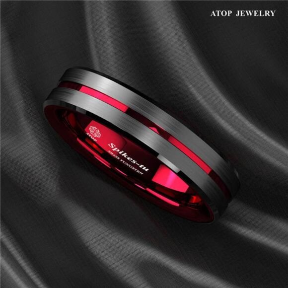 6mm Black Red Line Men's Wedding Band Ring - Perfect for Men and Women - Picture 4 of 6
